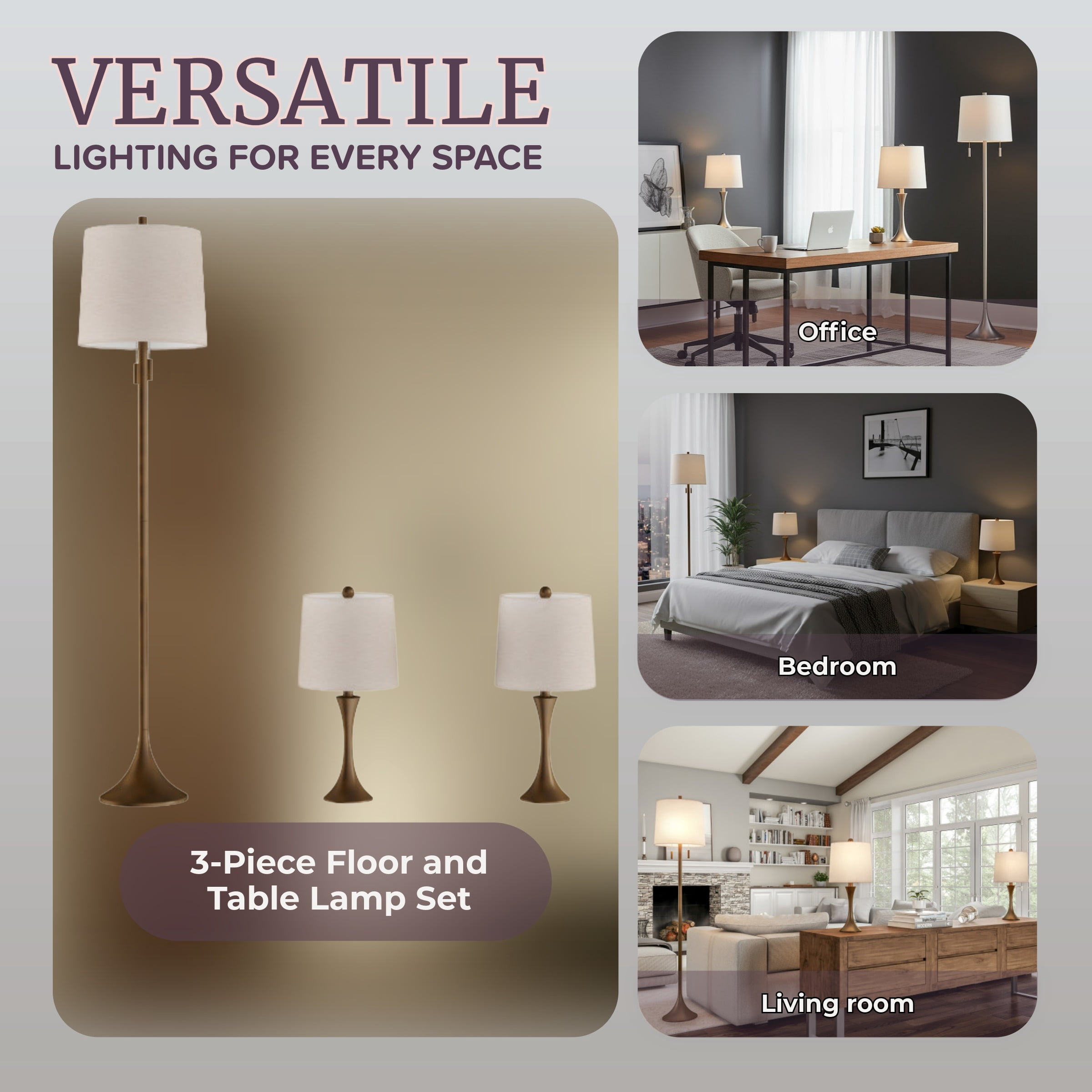 Lavish Home Table and Floor Lamps Set of 3 Modern Metal Lights with Flare Base and LED Bulbs, Bronze
