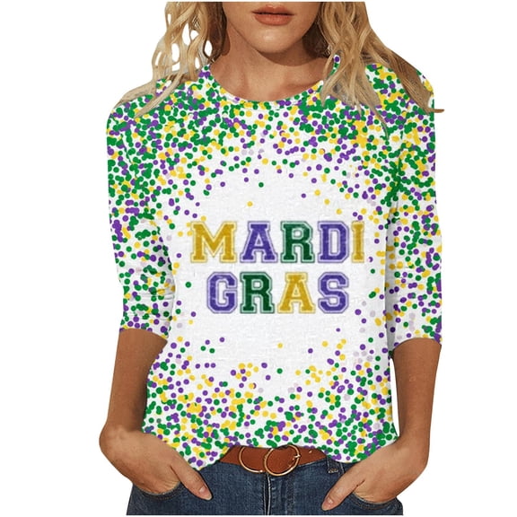 WMTBSRSW Mardi Gras Tee for Women S-5XL 3/4 Length Sleeve Shirts Plus Size Round Neck Tops Trendy Holiday Party Tee Small