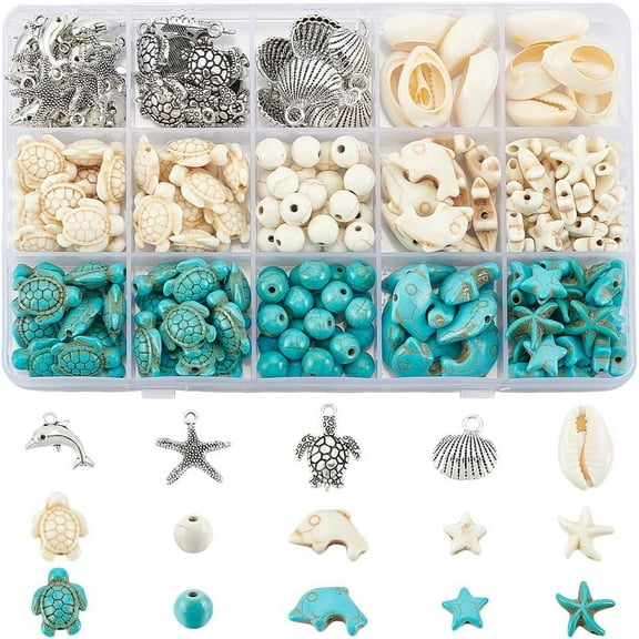 Ocean Theme DIY Turquoise Beads Jewelry Making Findings Kits Mixed color 8~24x7~19x2~9mm Hole: 1~3mm