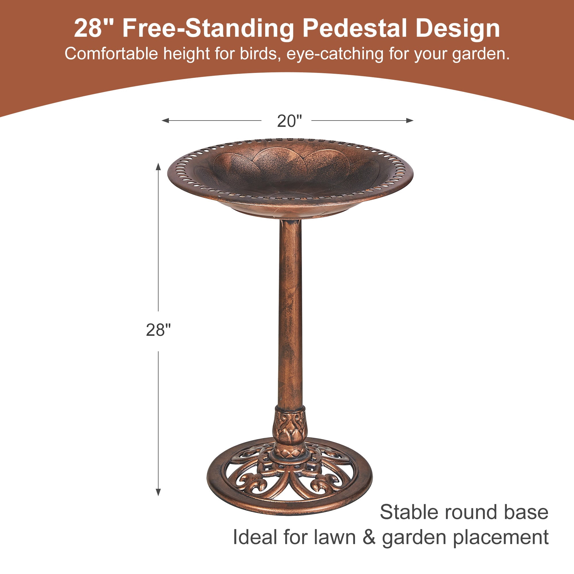 VECELO 28" Height Pedestal Birdbath Outdoor Garden Decor, Vintage Yard Art Bird Baths, Brown