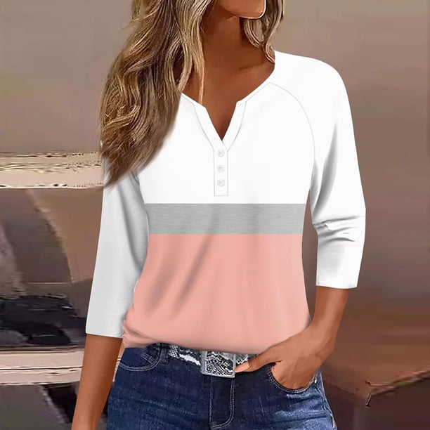 Fiudx Ofertas de La Semana Blusas Estampadas con Bloques de Color Informales para Mujer, Top con Cuello En V y Botones, Manga 3/4, Hombro a Manga