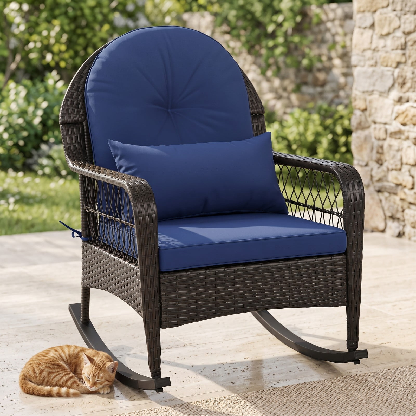 Furnibear Patio Rattan Rocking Chair with Soft Seat, Back Cushions and Waist Pillow for Front Porch, Backyard and Poolside, Navy