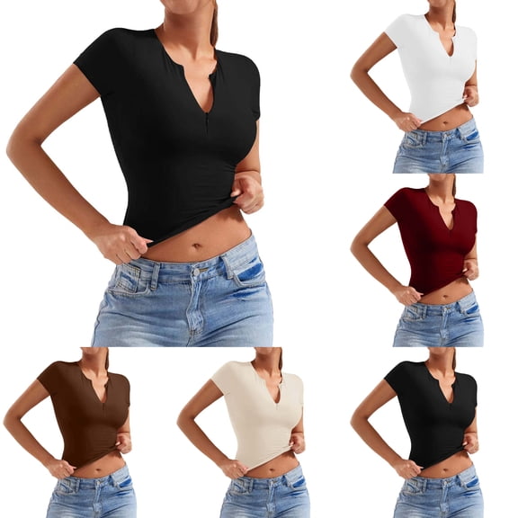 DuoJiaJ Womens Short Sleeve Top, V Neck Slim Fit Yoga Athletic Tee Black L