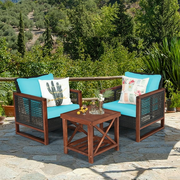 Gymax 3PCS Rattan Wicker Patio Conversation Set Outdoor Furniture Set w/ Turquoise Cushion