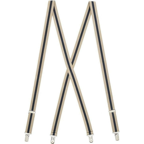 SuspenderStore Khaki/Navy Striped Suspenders - 1-Inch Wide Elastic - Clip - 3 Sizes