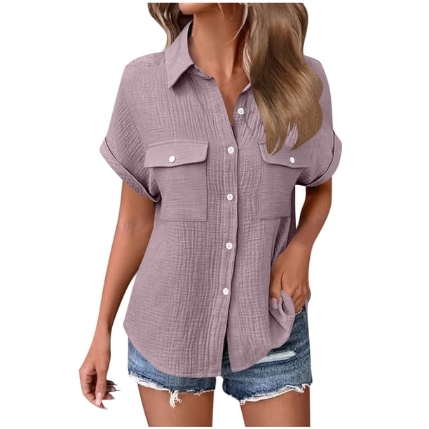 Craaazy Ladies Oversized Short Sleeve Tunic Tops, Lightweight Cotton Shirt, Turndown Collar Button Up Blouse with Chest Pockets for Everyday Outfits Gifts