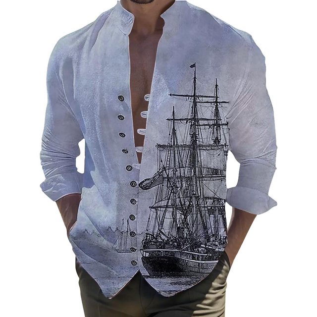 XDZJLR Chemise Homme Impression Numérique 3D Bateau Poche Boucle Col à Revers Manches Courtes