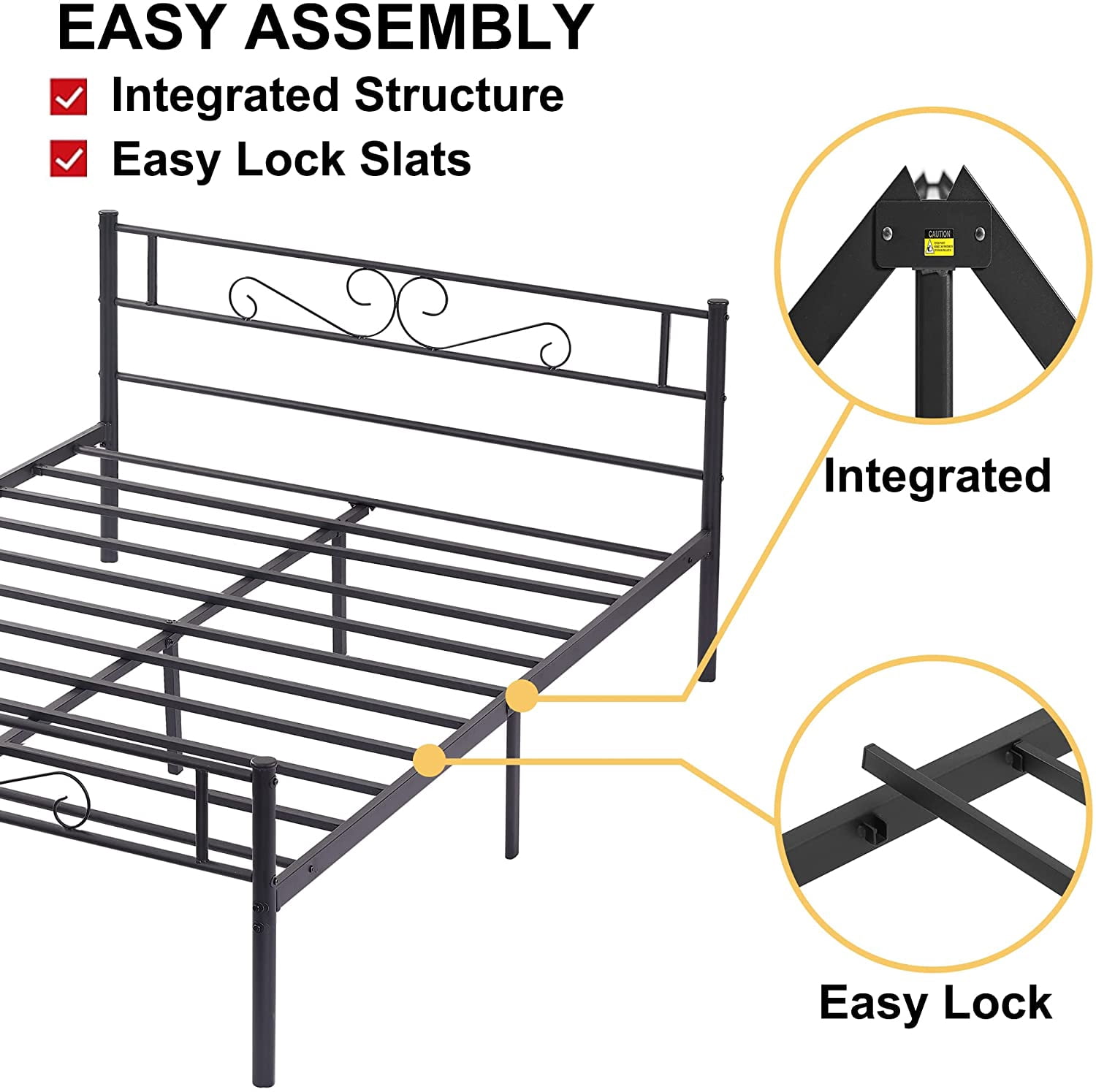 VECELO Queen Size Metal Platform Bed Frame with Headboard and Footboard, No Box Spring Needed/Strong Slat Support, Under Bed Storage, Black