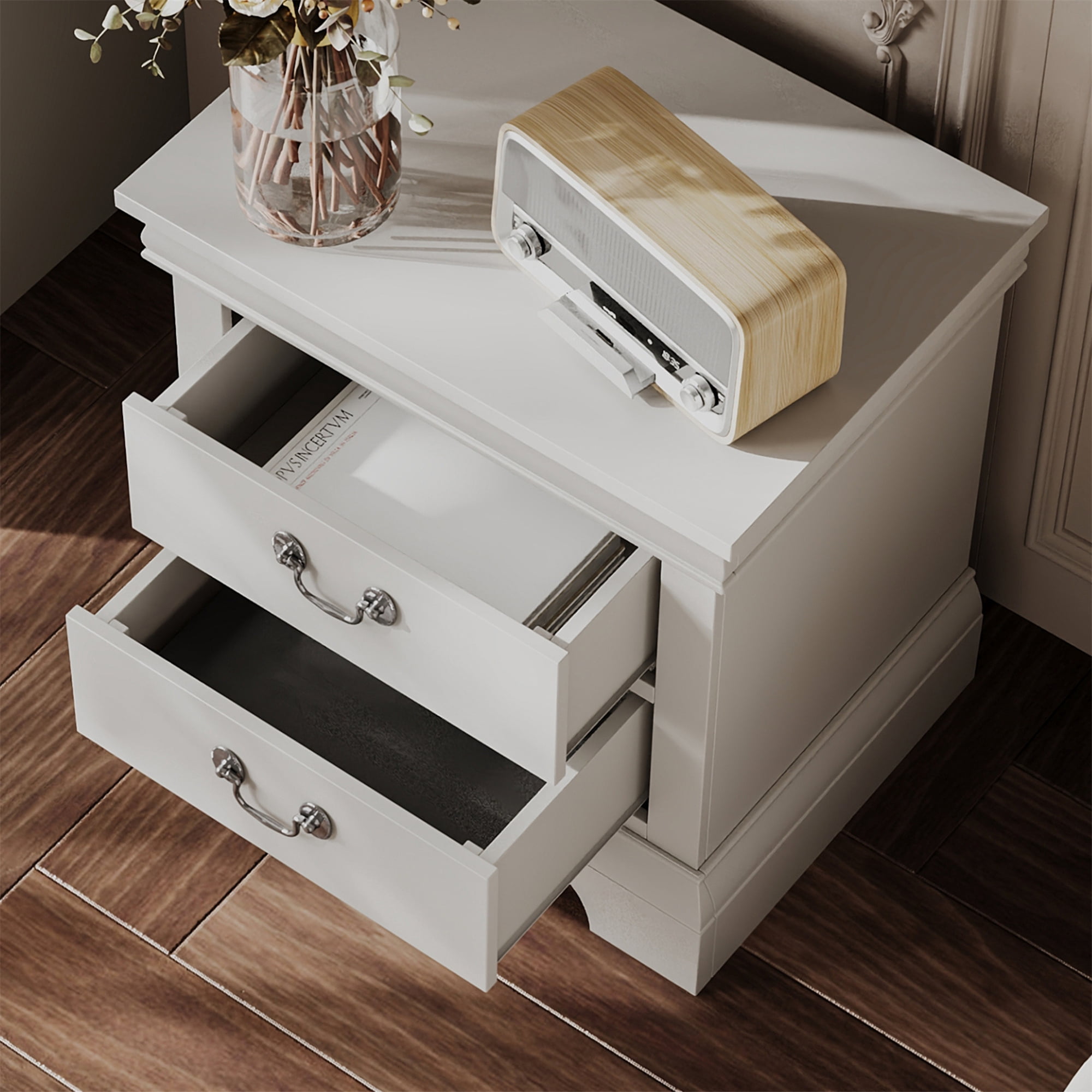 Traditional 2-Drawer White Nightstand with Storage