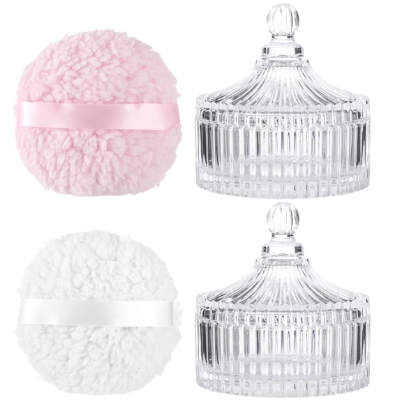 4 PCS Large Body Powder Puff with Glass Container Set, Soft Washable Puff Set for Face & Body, Reusable Puff with Ribbon Band for Makeup Glitter Application, After-Bath Care