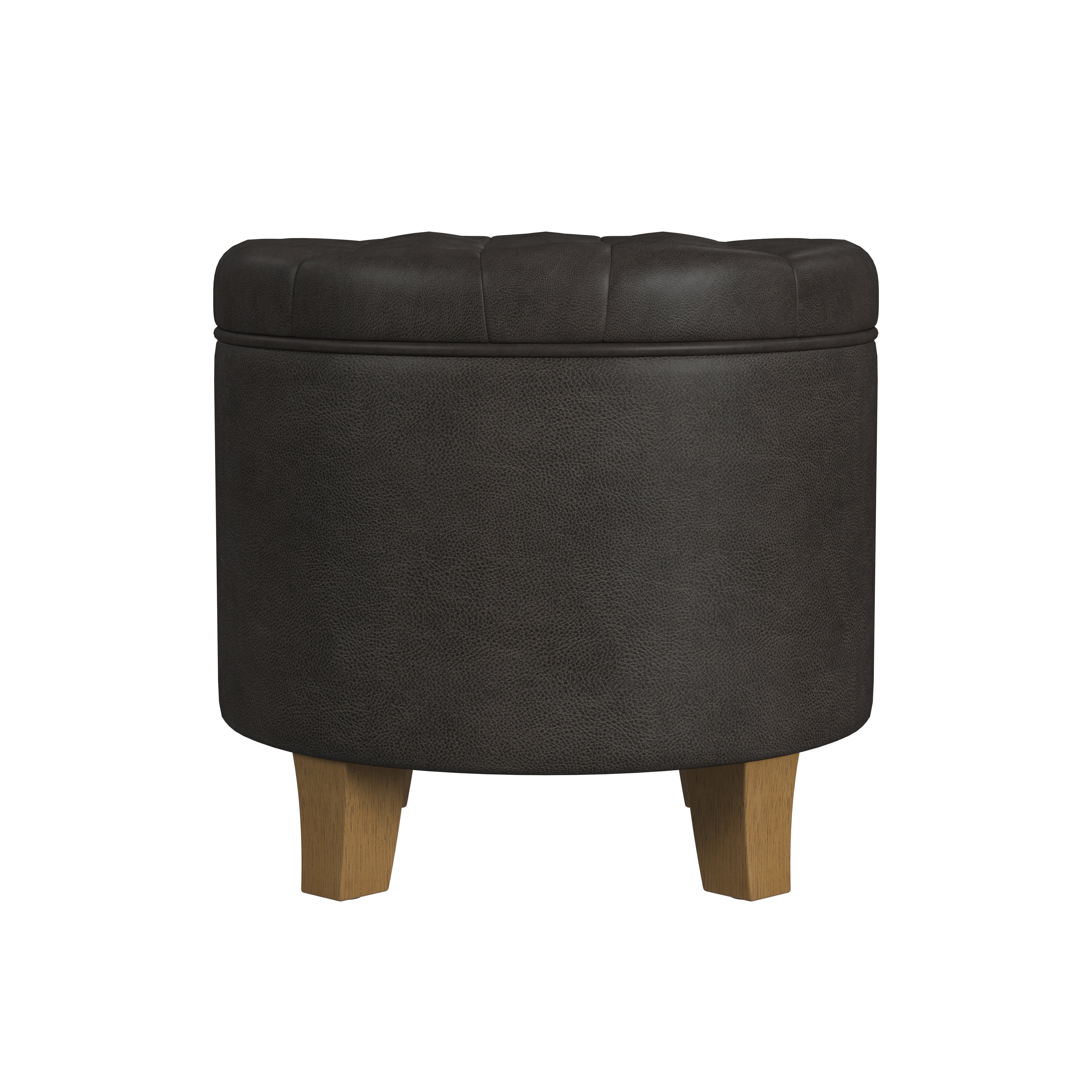 HomePop Small Round Button Tufted Storage Ottoman, Black Faux Leather
