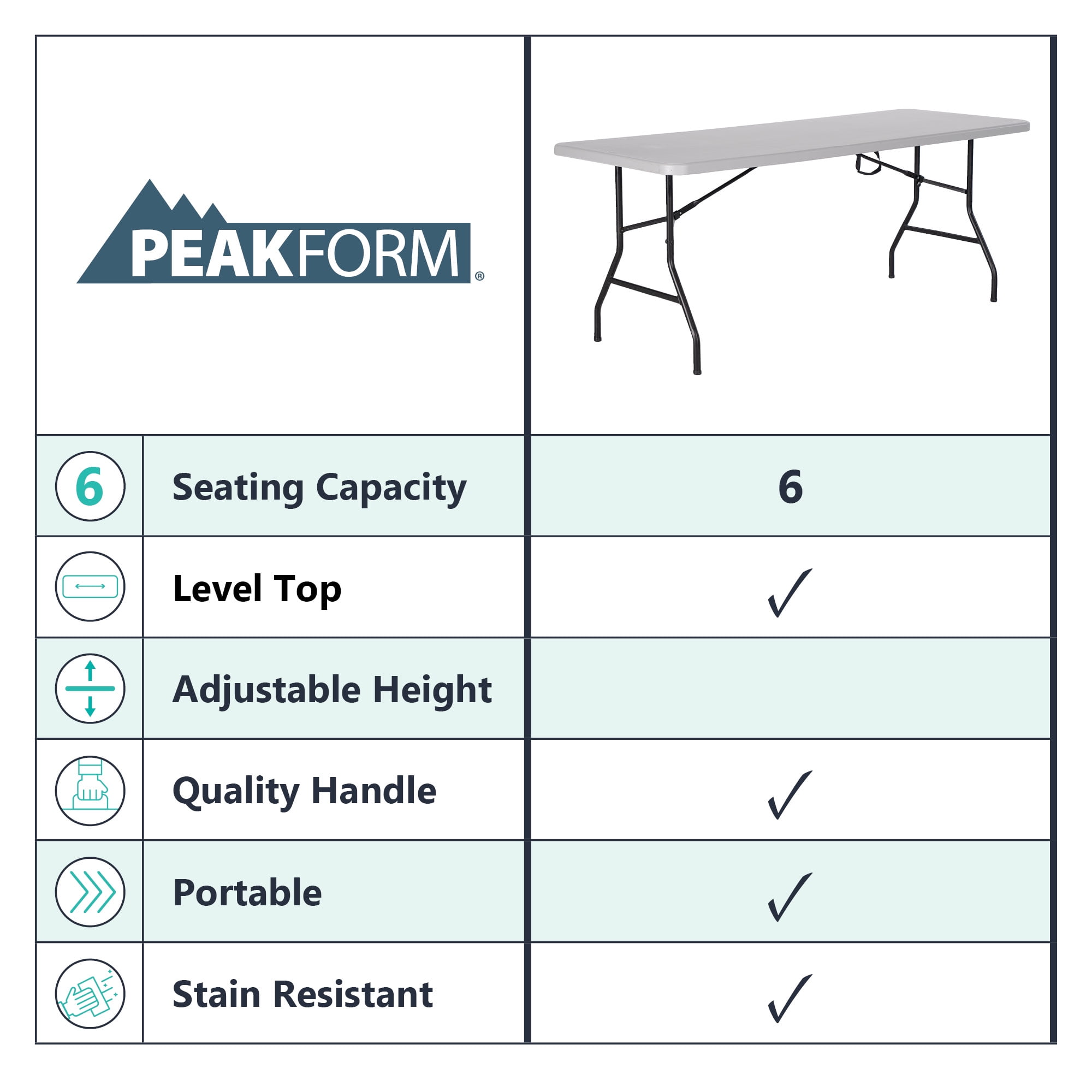 Peakform 6 Foot Rectangle Folding Table, Indoor/Outdoor Requisite, White (80919)