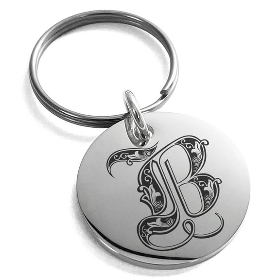 Tioneer Stainless Steel Letter B Initial Royal Monogram Engraved Small Medallion Circle Charm Keychain Keyring