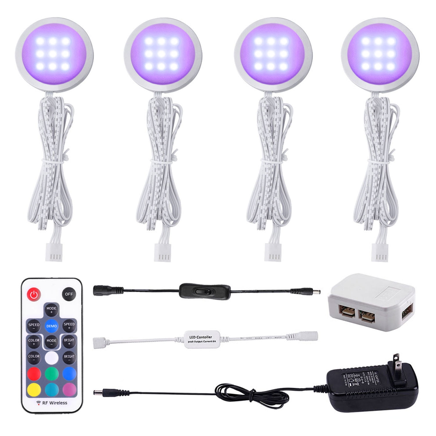 RGB Color Changing LED Under Cabinet Lights Kit - Slim Aluminum Multi-Color Puck Lights for Kitchen Counter, Furniture, and Holiday Decor (Set of 4)