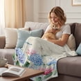 thumbnail image 4 of Blue Pink Hydrangea Throw Flannel Blanket Watercolor Spring Floral Green Leaf Newspaper Texture Super Soft Cozy Bed Blanket, Lightweight Plush Fuzzy Bed Throw for Bedroom Sofa Couch 40x60In,, 4 of 9