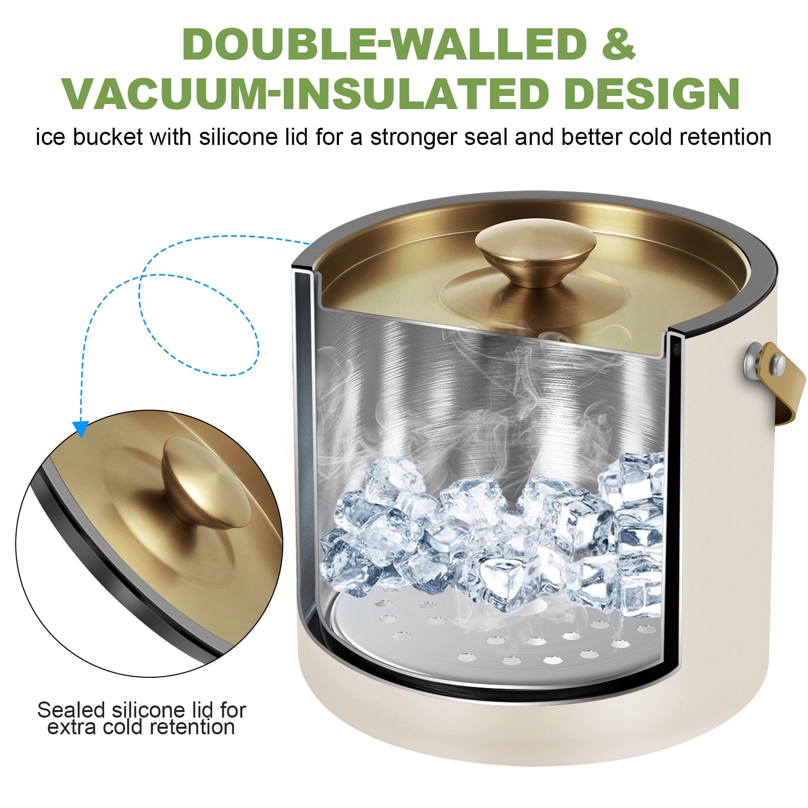 3.2L Ice Bucket with Silicone Lid, Scoop & Strainer, Double Wall Stainless Steel Insulated Ice Bucket for Parties & Cocktail Bar, Keep Ice Frozen Longer