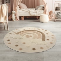 Kids Rug for Nursery with Modern Rainbow Motif and Dots in Cream Beige - 4' Round (4'Round)