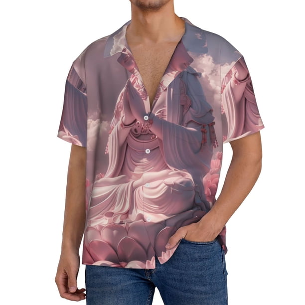 Fotbe Pink Lotus Buddha Camisa Estampada de Manga Corta para Hombre, Casual de Verano, Estilo Playero, Sin Arrugas-Medium