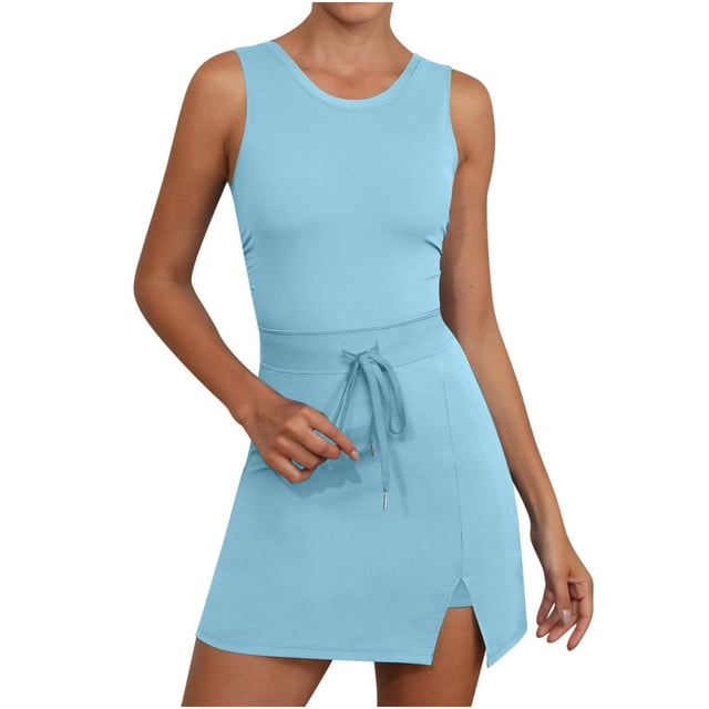 Sleeveless Jumpsuits for Women Shorts Women Workout Dress with Shorts Tennis Rompers Drawstring Athletic Romper Golf Athletic Mini Dresses Rompers Dressy Blue M