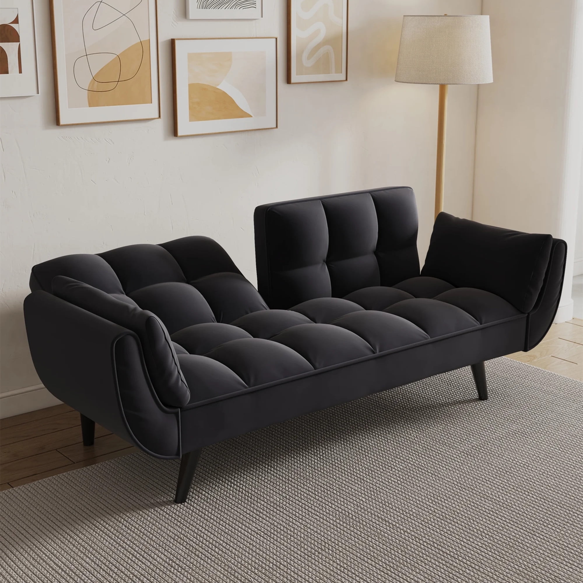 Aukfa Deep Tufted Futon Convertible Sofa Bed, Velvet Sleeper Couch for Home Office, Black
