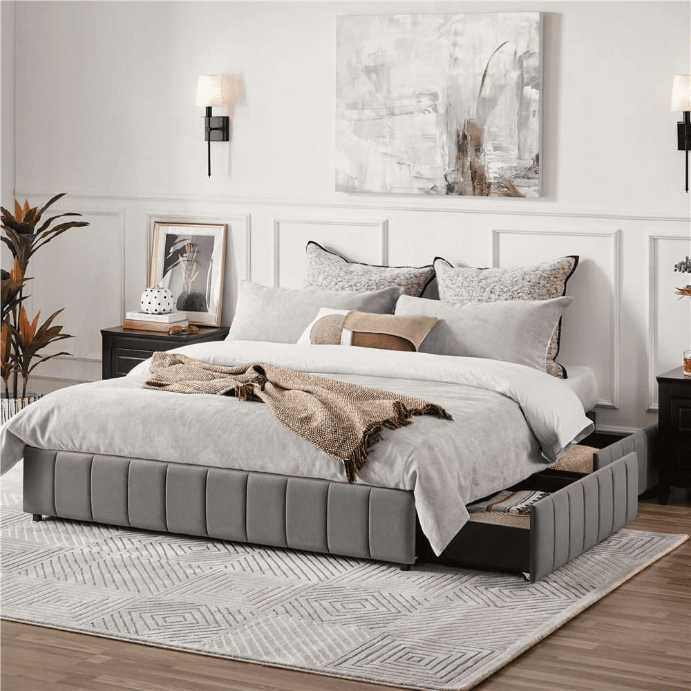 Renwick Upholstered Platform Bed with Underbed 4 Storage Drawers, Adult, Queen, Dark Gray