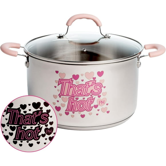 Stainless Steel Stock Pot with Iconic Color Changing "That's Hot" Heat Indicator Decal, Features Soft Grip Handles and Measure Marks, 8-Quart, Pink