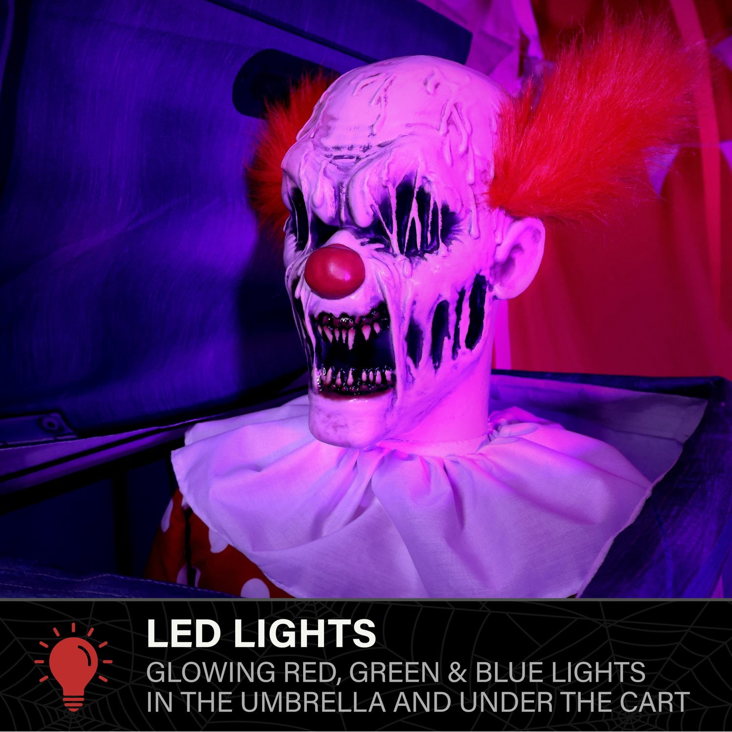 Haunted Hill Farm Multicolor LED Plug-In/Battery I Scream Clown Cart Halloween Animatronic 6-Ft.