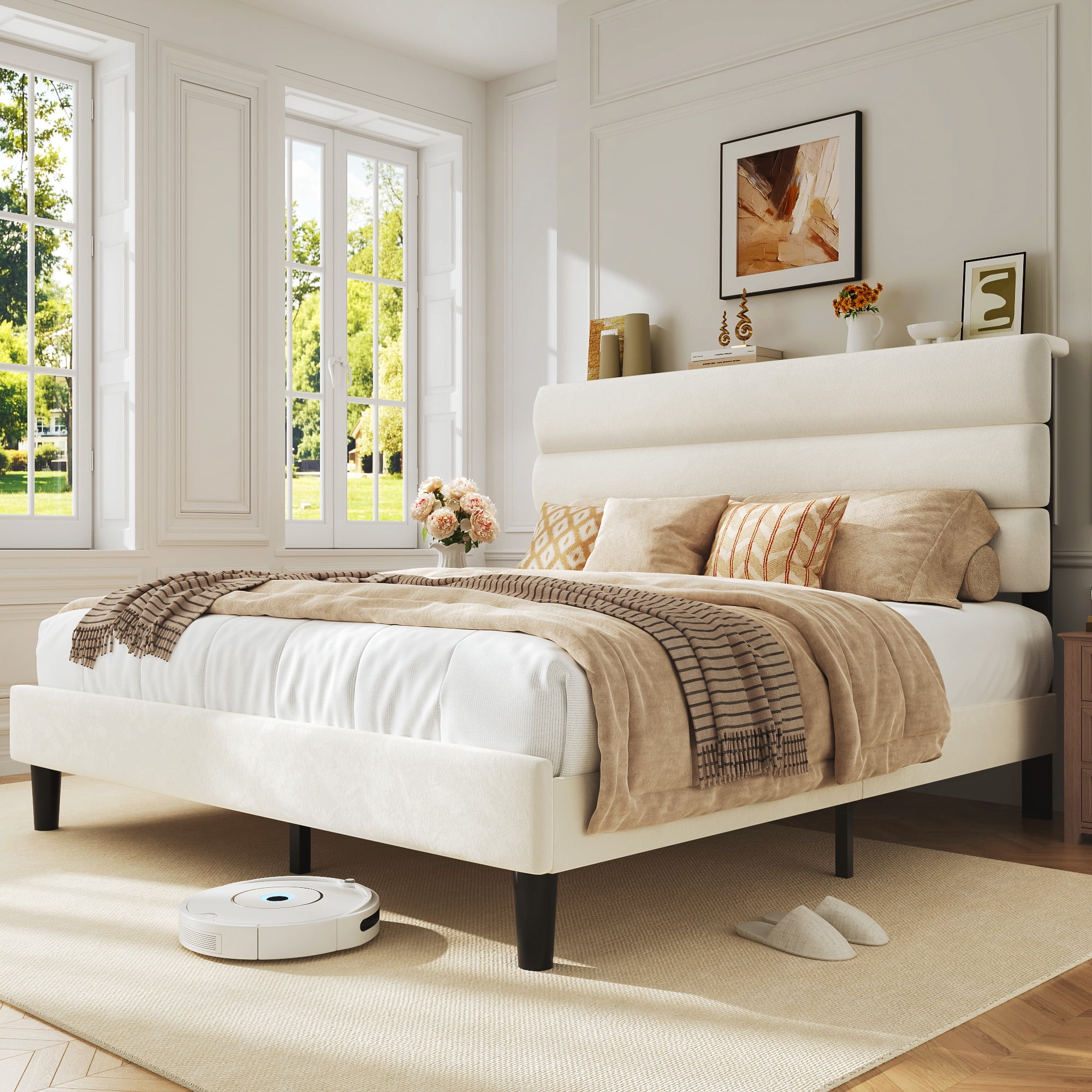Bolvdo Queen Bed Frame with Velvet Upholstered Headboard, Metal Support, No Box Spring Needed, Noise Free, Easy Assembly, Beige