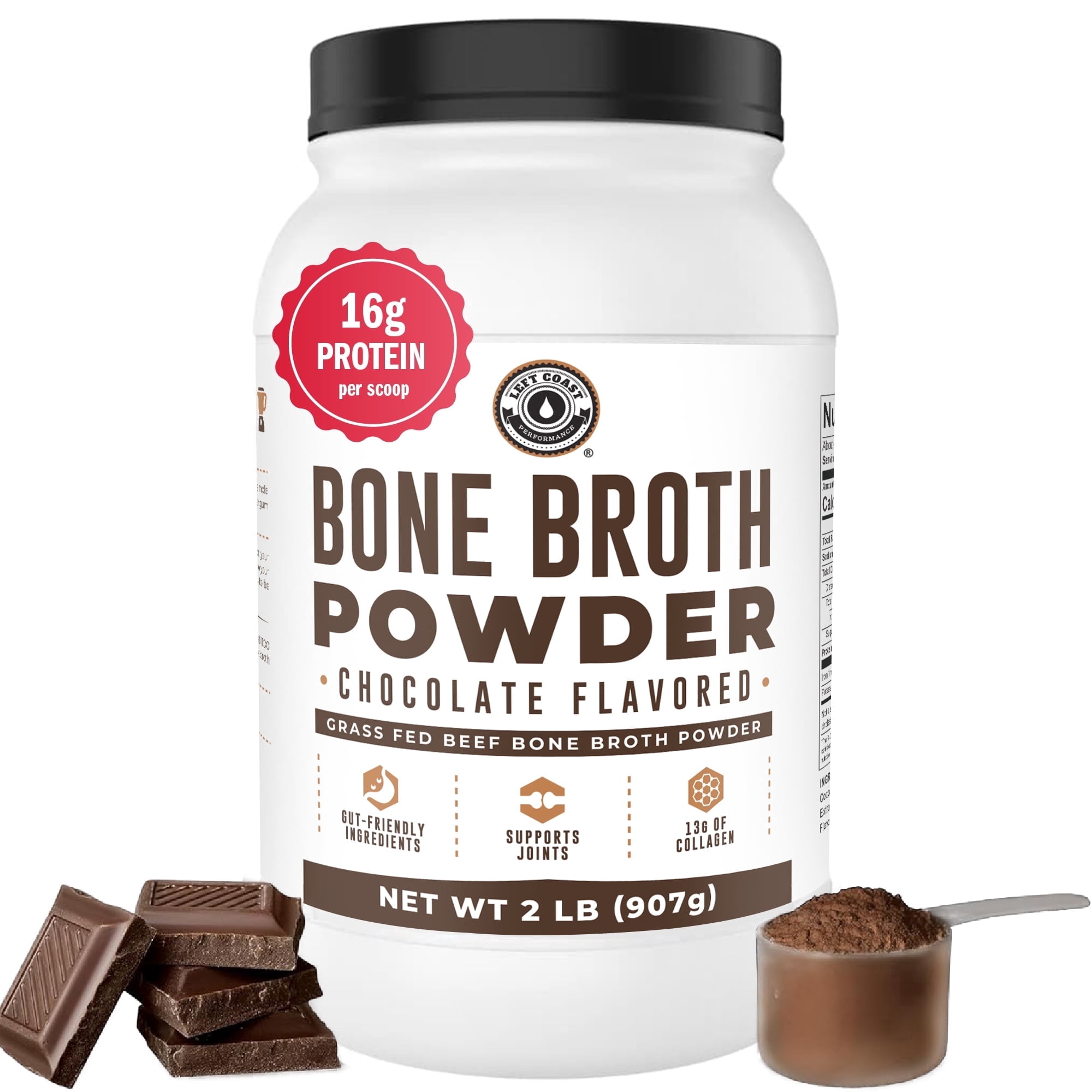 Left Coast Performance Grass Fed Beef Bone Broth Protein Powder with Collagen for Joint Support, Chocolate, 2 lb
