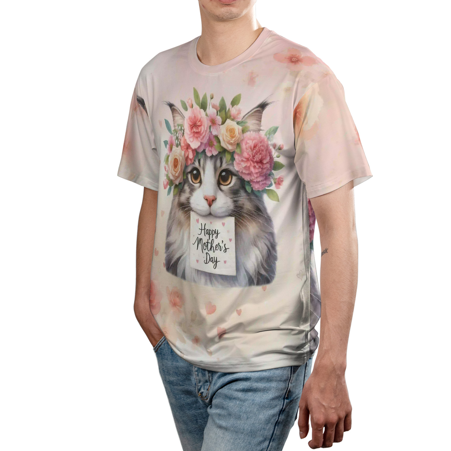 Happy Mother's Day Maine Coon with Flower Crown and Greeting Card All Over Print 3D Shirt Unisex Merch Cat Lover Kitten Owner Gifts - 13004