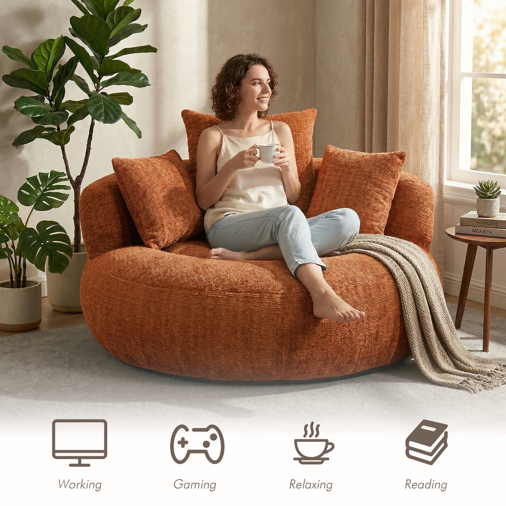 MOONMISS Oversized Bean Bag Chair, Chenille Lazy Bean Bag Sofa with Wrap-Around Backrest & Pillows for Living Room,Orange