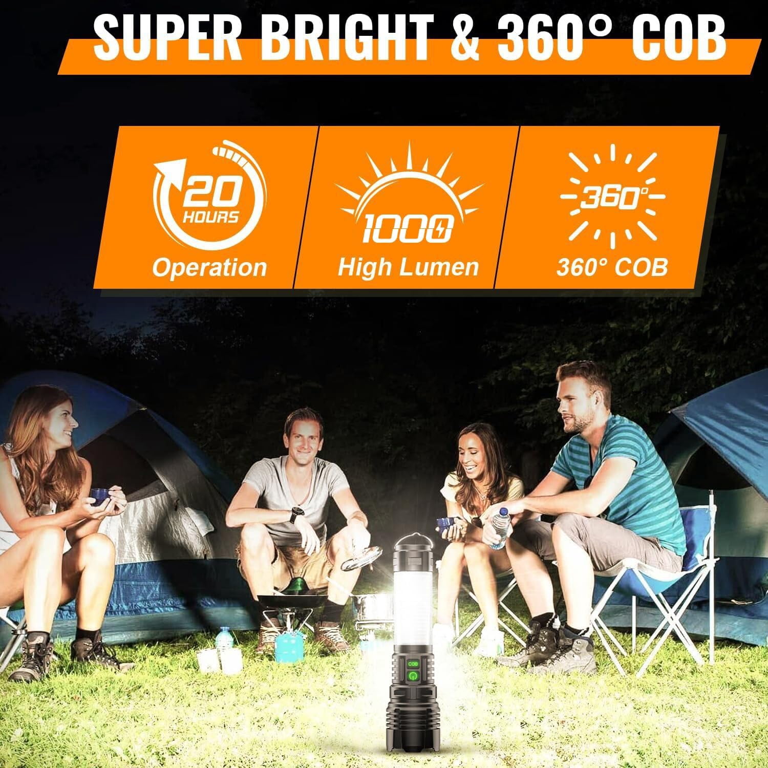 2-Pack Rechargeable LED Camping Lantern Flashlights - 2000LM Super Bright, 2000m Long Beam, 5 Modes, Waterproof, Zoomable for Camping, Hiking & Emergencies