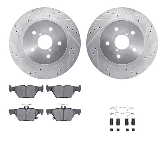 Dynamic Friction Company Rear Brake Rotors-Drilled and Slotted-Silver with 5000 Advanced Brake Pads includes Hardware 7512-13039