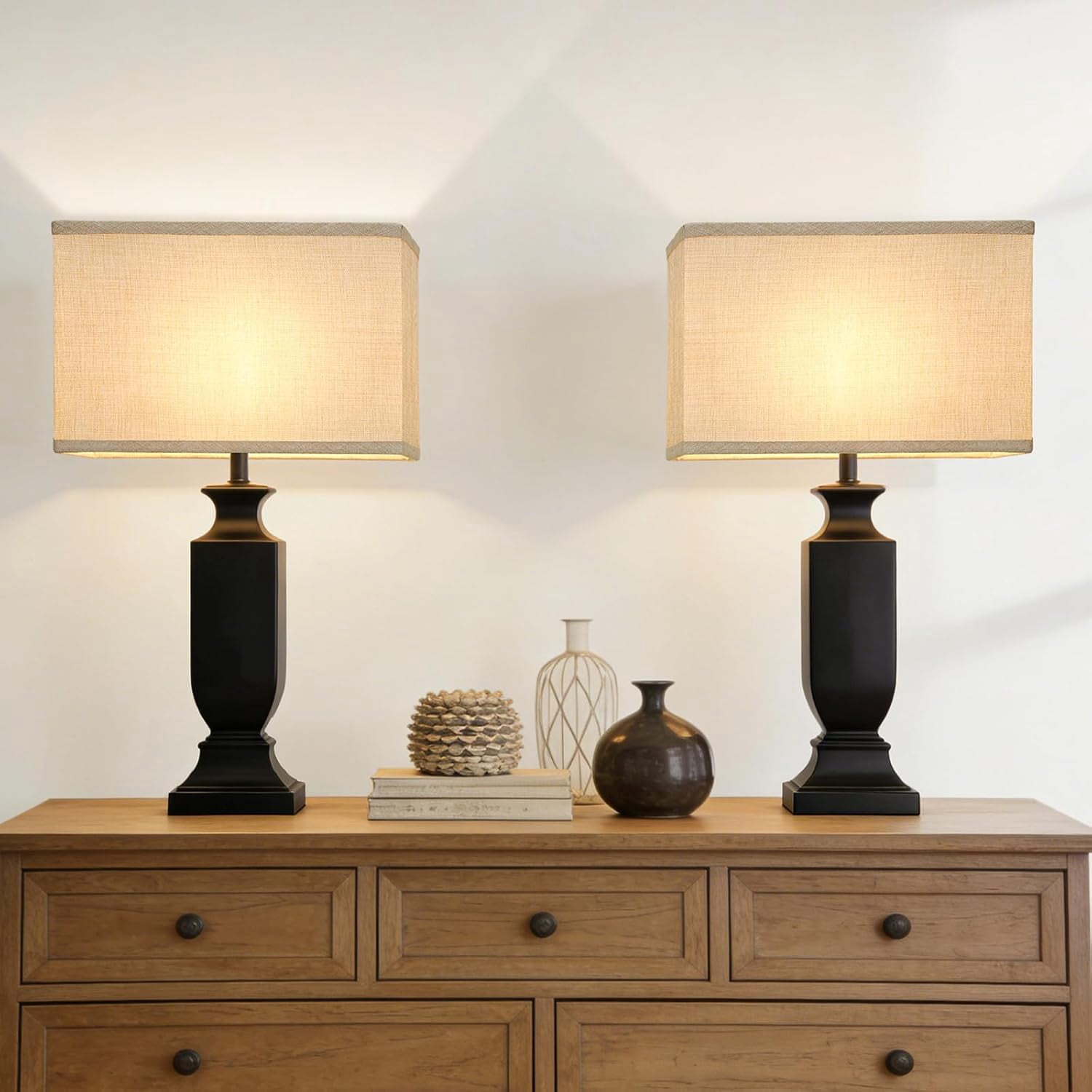 Rectangle Lamp Shades Set of 2,Champagne Beige Lamp Shades for Table Lamps, 16"L x 8"W x 10"H, Natural Linen Fabric Replacement Lampshades for Floor Lamp, Spider, Harp Holders Included, Easy Assembly