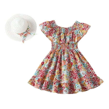 

ZHAGHMIN Clothes For Teen Girls 14-16 Kids Toddler Girls Ruffled Sleeve Off Shoulder Print Elastic Waist Summer Princess Dress With Hat Set Outfits 2Pcs Baby Clothes Baby Clothes Baby Girl