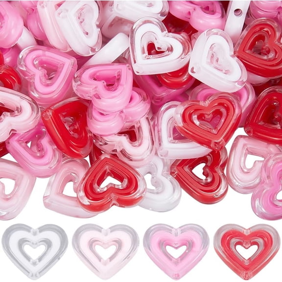 80Pcs 4 Colors Bead in Bead Hearts Acrylic Heart Beads Bulk Valentine's Day Pink Hollow Love Shaped Loose Bead