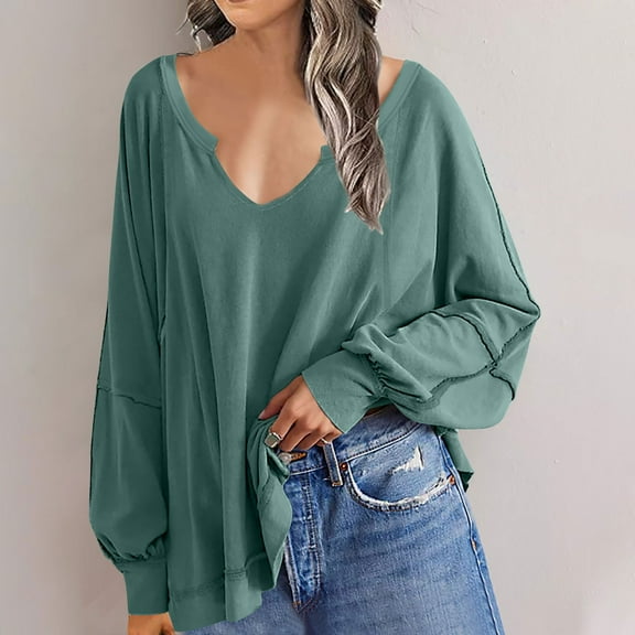 WXLWZYWL Womens Long Sleeve Sweatshirts Oversized, Tunic Loose Fit V Neck Shirts, Lightweight Casual Basic Tees