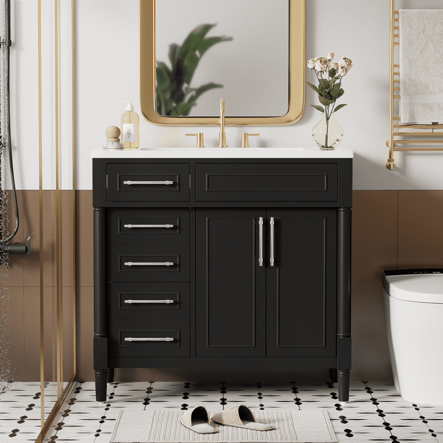 Harper & Bright Designs 36'' Bathroom Vanity with Top Resin Sink, Bathroom Storage Cabinet with 2 Drawers and Tip-out Drawer, Solid Wood Frame Vanity Set with Adjustable Shelf, Black