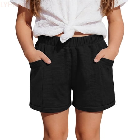 LYHaoo Girls Casual Summer Beach Shorts Elastic High Waisted Loose Fit Shorts with Pockets for Kids Sizes 6-7 Years