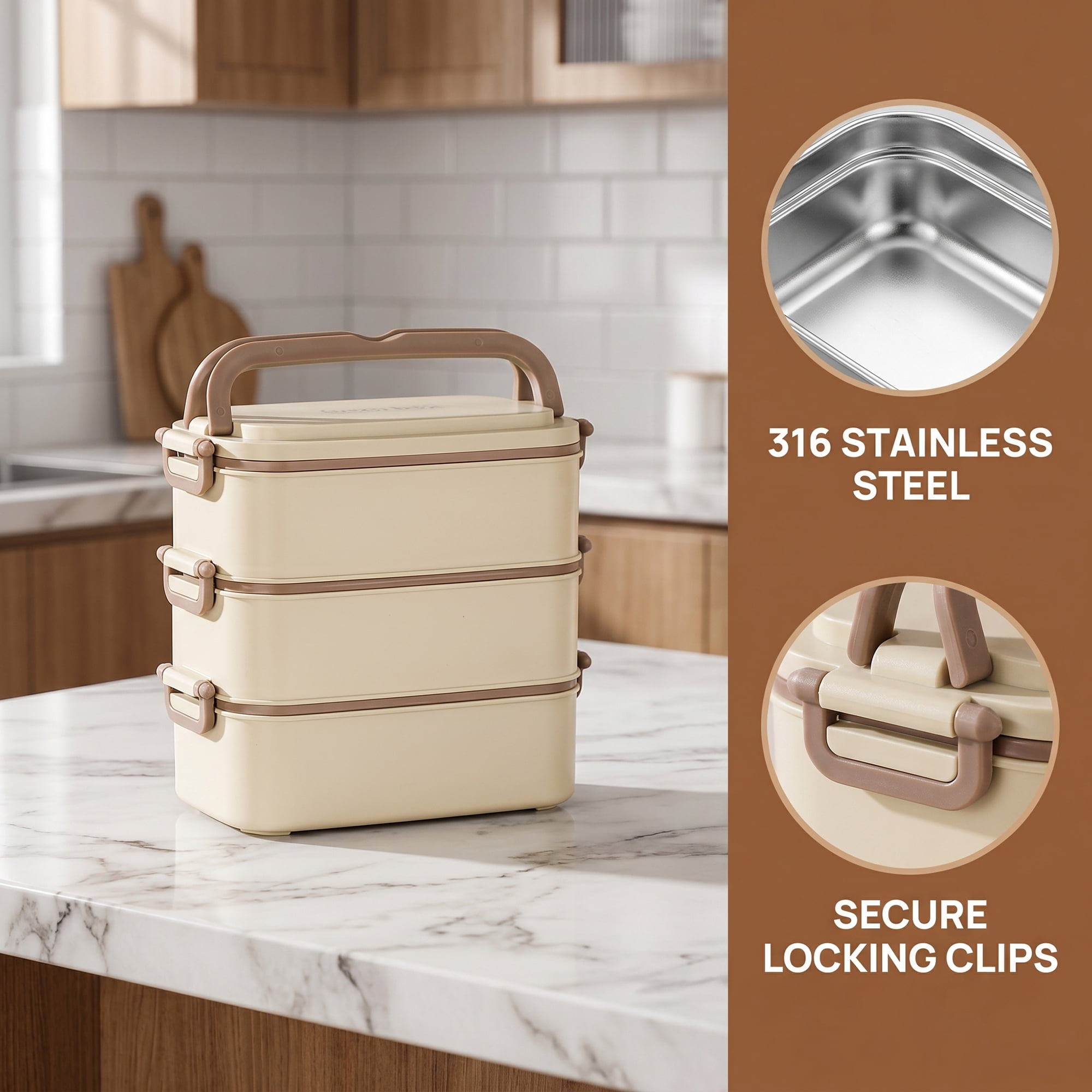 Unique Bargains 316 Stainless Steel Leak-Proof Meal Prep Bento Box Beige-3 Layer