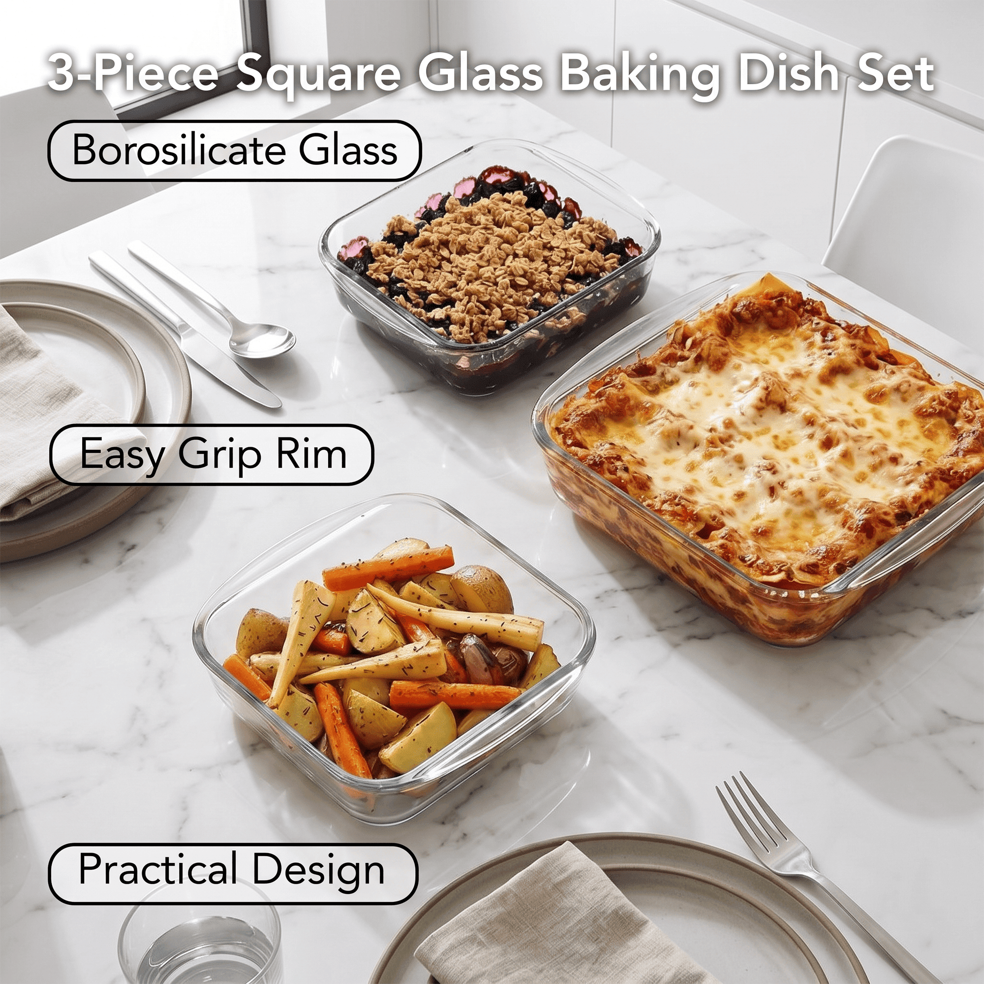 OVENTE Glass Baking Dish Set, 3-Piece Square Bakeware Set, Clear GBD30 | 0.9L, 1.1L, and 1.8L, Oven, Microwave & Dishwasher Safe, Even Heating Performance, Transparent Design for Easy Monitoring