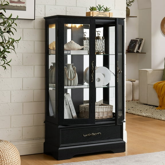 MDQMD 47.44'' Tall Display Cabinet with Drawer & Adjustable Shelves,Lighted Curio Cabinet Glass Storage Cabinet for Living Room,Black