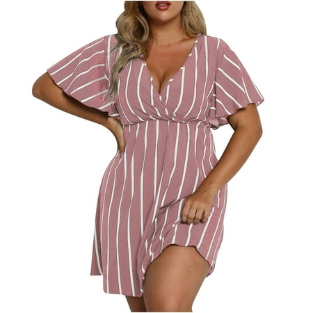 

YanHoo Women s Waisted Stripes Printed Swing Dresses Summer Short Sleeve Sexy Deep V Neck Short Dress Plus Size Loose Mini Dress