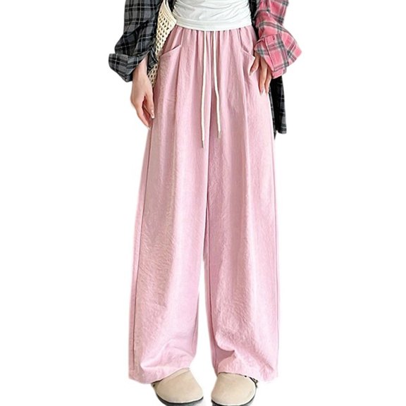 Annhoo Women's Oversize Pants Straight Wide Leg Trouser with Drawstring and Pocket Breathable lightweight Clothes