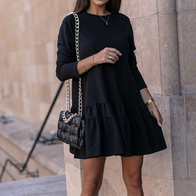 Vestido de manga larga para mujer, suelto, cuello redondo, color puro, dobladillo con volantes, para fiesta y vacaciones