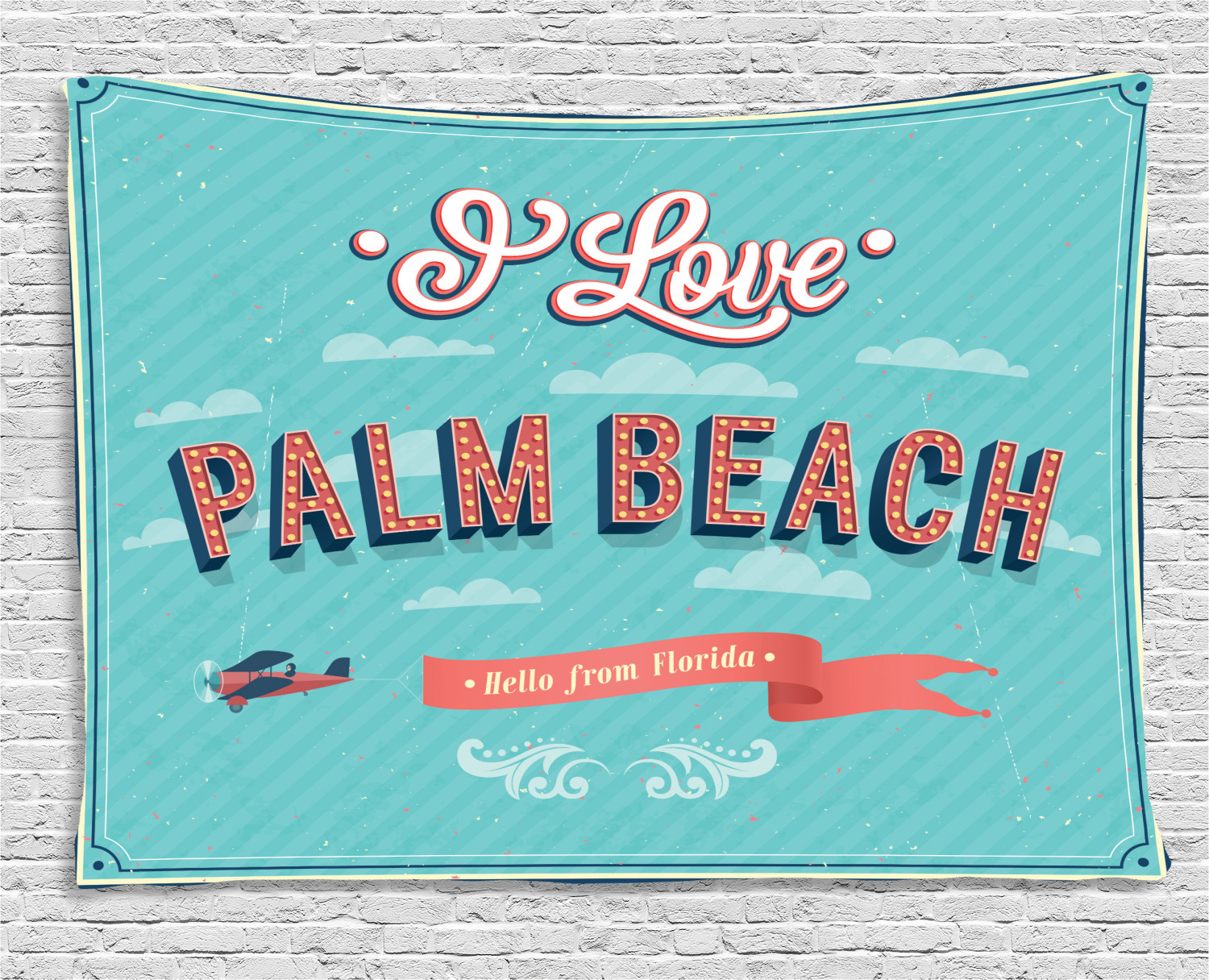 Biplane Lettering Florida Tapestry, Vintage Typographic I Love Palm Beach Lettering and ...