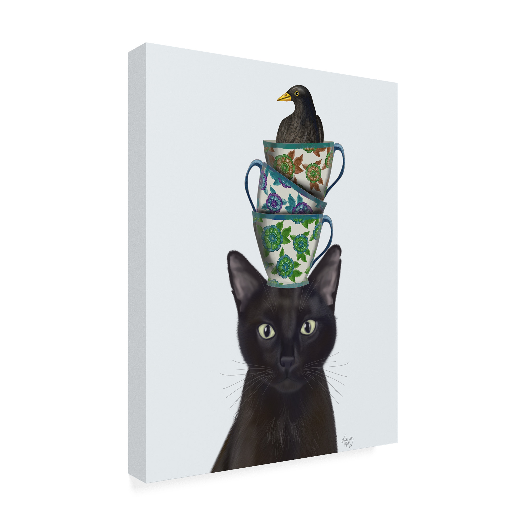 Trademark Fine Art 'Black Cat with Teacups and Blackbird' Canvas Art by Fab Funky