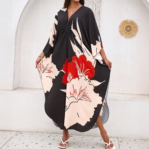 KIHOUT Women's Plus Size Floral Print Beach Cover Up | V-Neck Batwing Sleeve Maxi Kaftan Dress for Vacation & Casual Wear