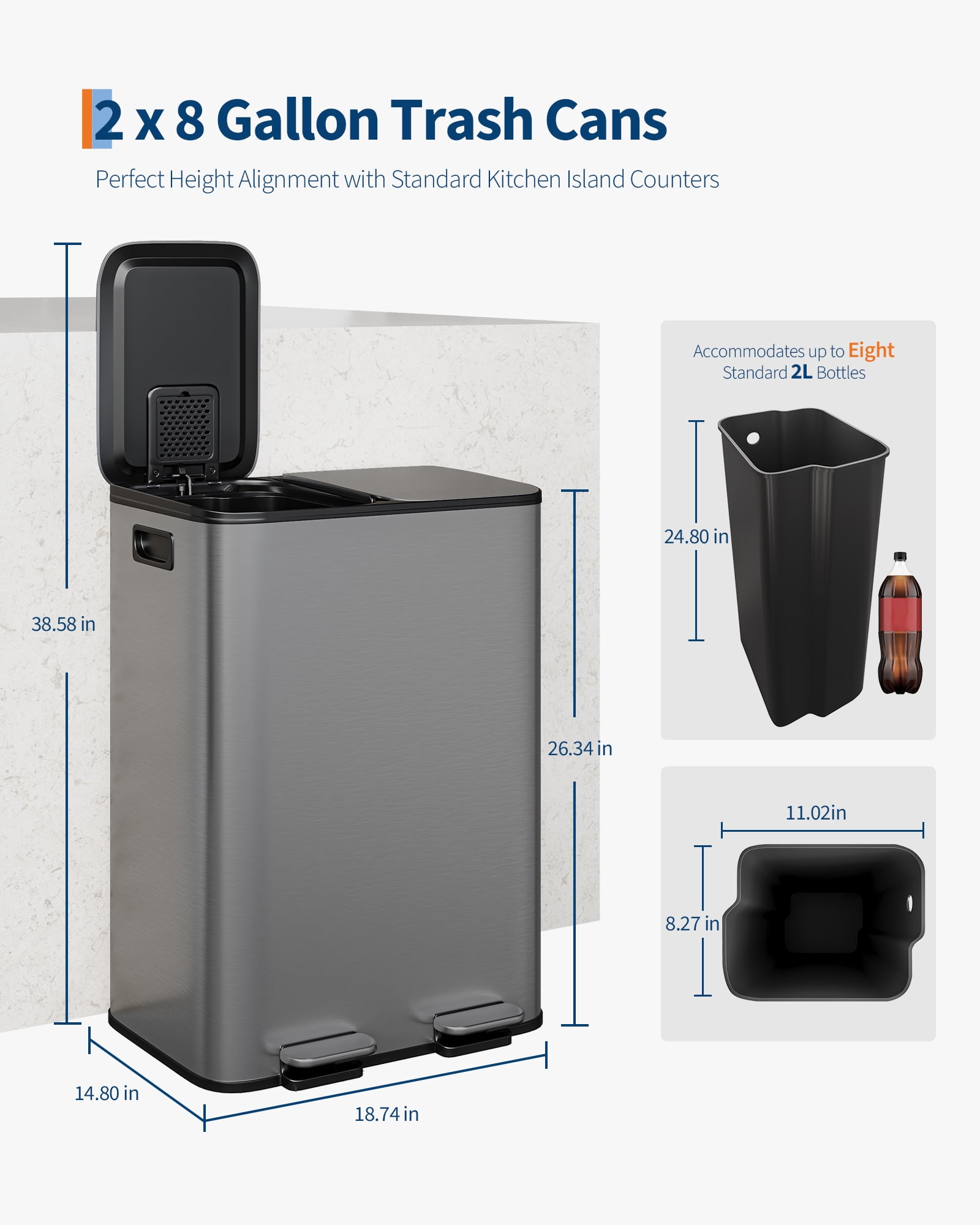 2 x 8 gal Stainless Steel Dual Trash Can, Step-on Kitchen Metal Garbage Cans, Double Compartment Garbage and Recycling Bin Combo with Metal Lid, PP Inner