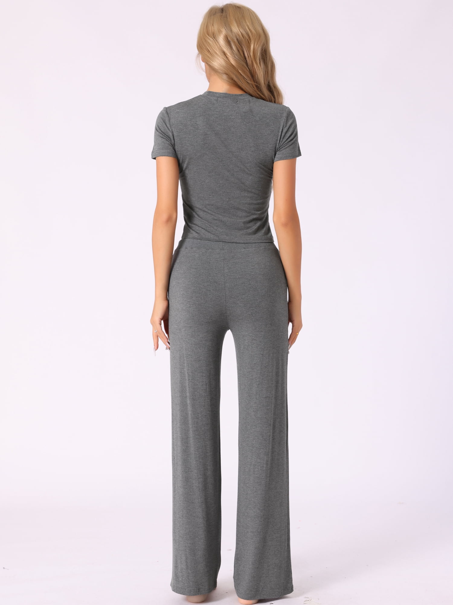 DARING DIVA Women's Lounge Sets Crop Short Sleeve T-Shirt and Wide Leg Pants M Deep Grey